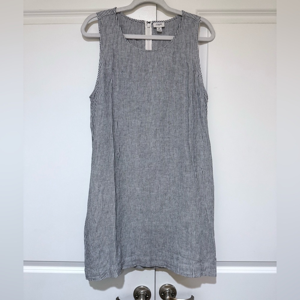 J. Crew Factory Linen Blend Shift Black & White Striped Mini Dress W/Pockets
